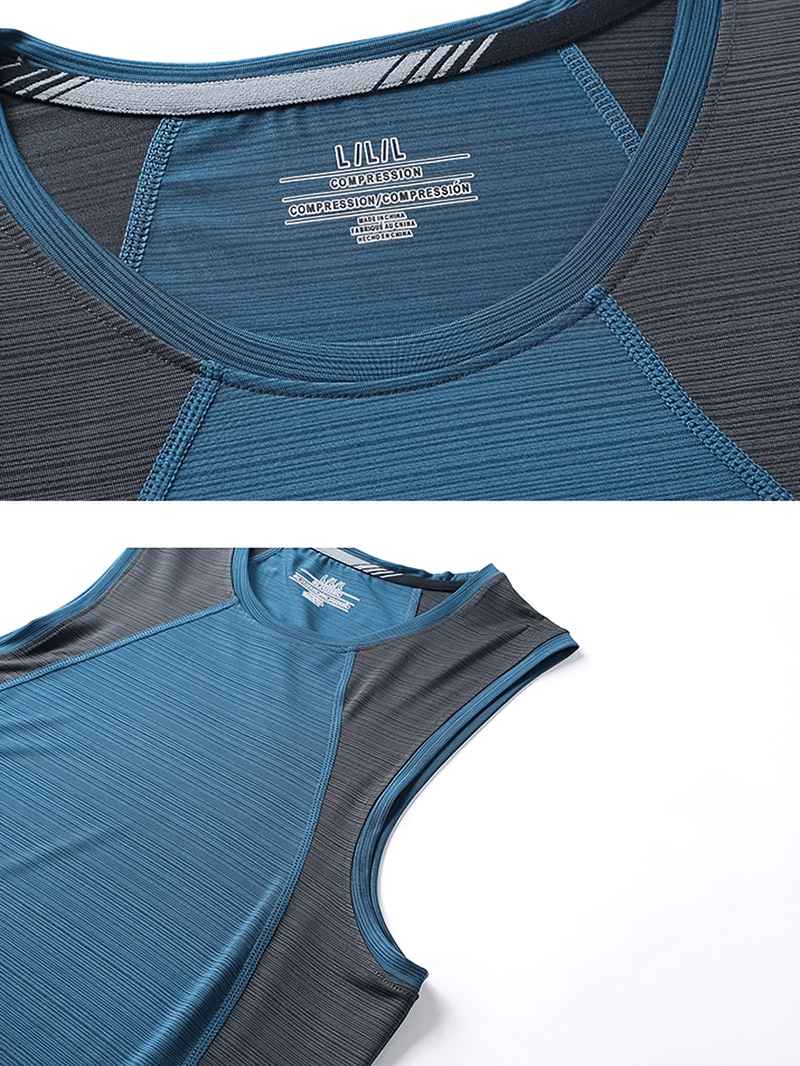 Blue and gray patchwork O-neck men's tank top with elastic fit, ideal for gym and casual wear.